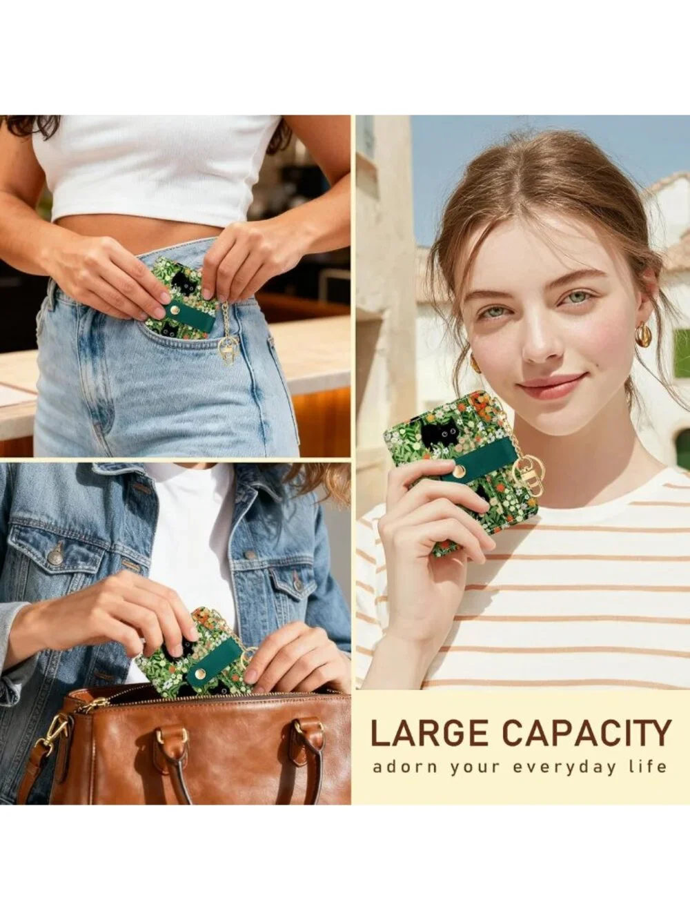 Floral Black Cat RFID Women’s Wallet | Small Slim Credit Card Holder